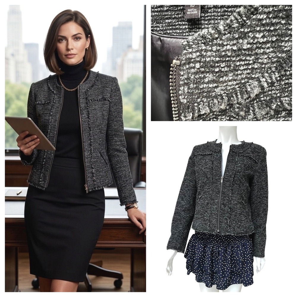 Banana Republic Tweed Moto Jacket Charcoal Zip Fringe Textured‎ Office Siren 10